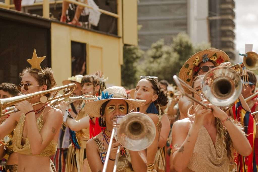 Local Events People with less dress with trumpet