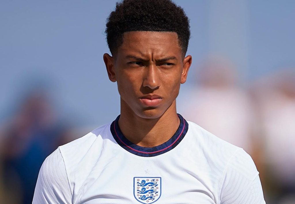 Jobe Bellingham standing in England national jersey