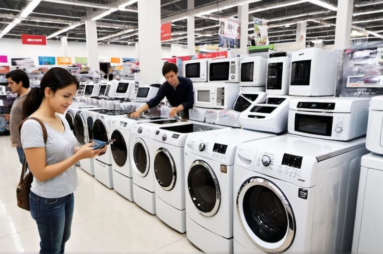 A woman and a man check out some electronics appliances