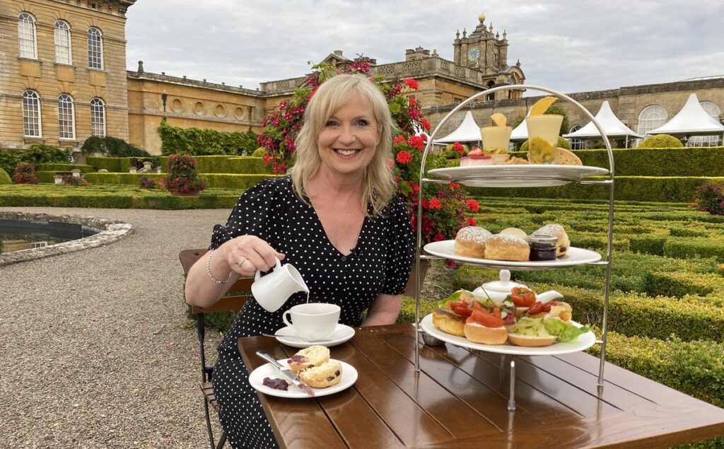 Carol Kirkwood having tea